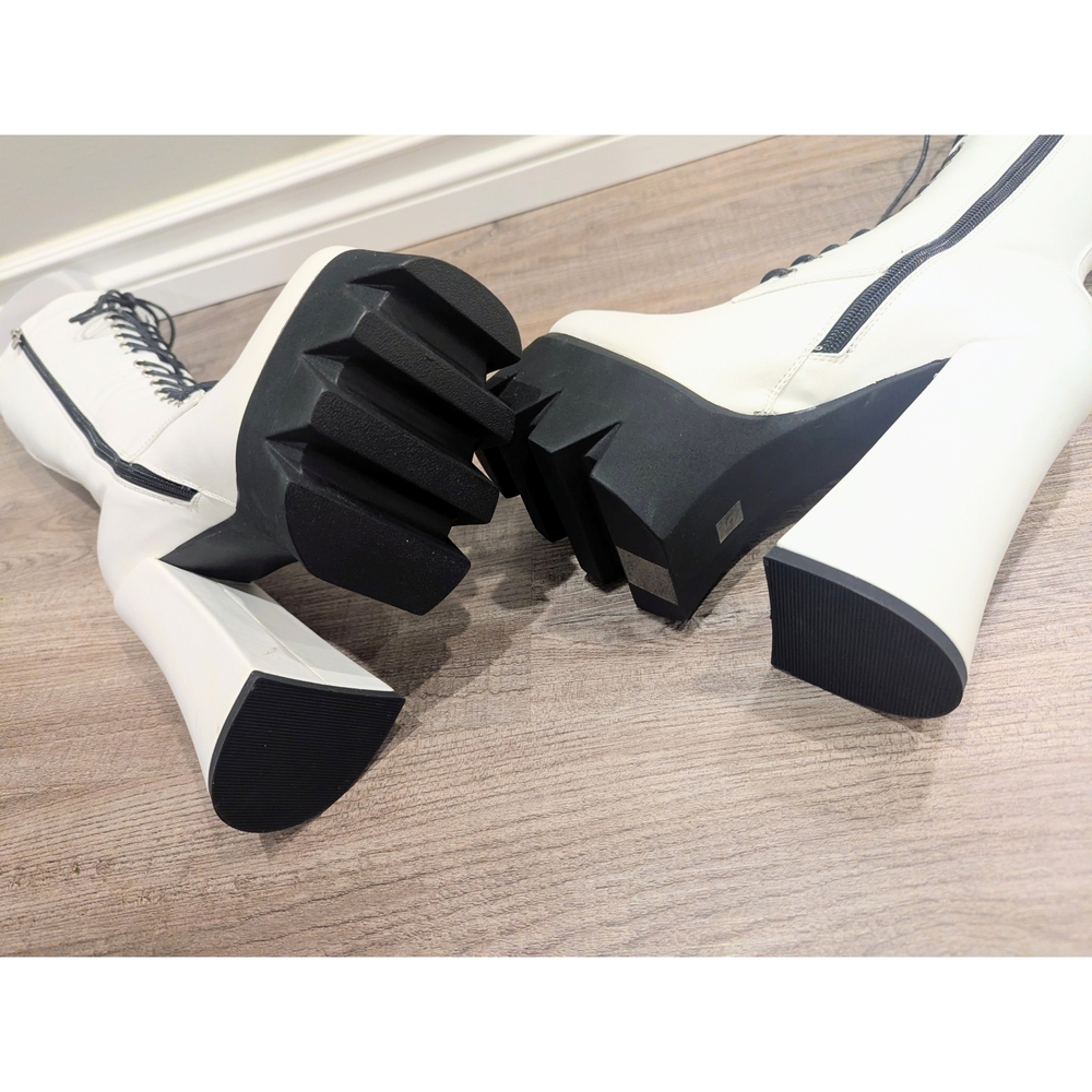 White Knee-High Platform Lace-Up Boots with Black Contrasting
